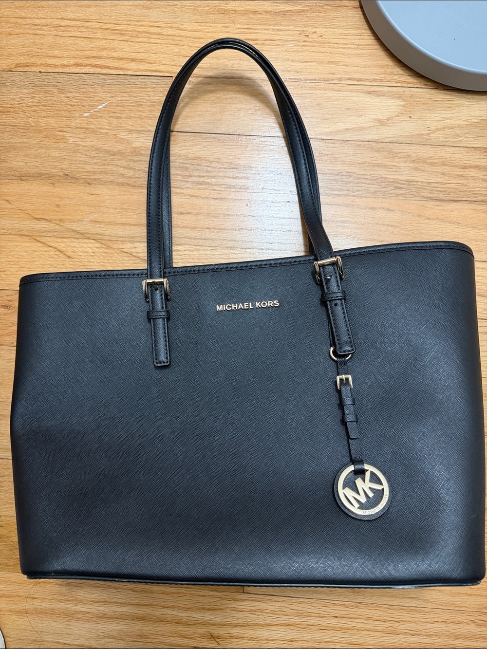 Michael Kors Black Saffiano Leather Tote with Gold MK Charm